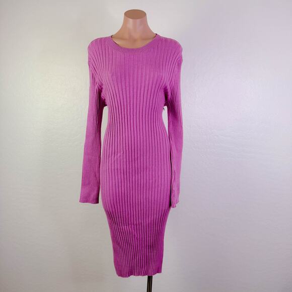 Stitchdrop Crew Neck Rib Knit Long Sleeve Bodycon Midi Sweater Dress Pink L NWT - Picture 1 of 11